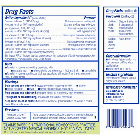 Label for Boiron NauseaCalm Homeopathic Medicine for Nausea Relief