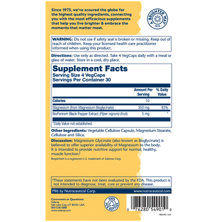 Supplement Facts label for Solaray Magnesium Glycinate capsules 350 MG