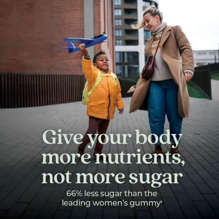 Mother and child with toy plane, text: more nutrients, less sugar