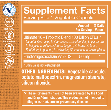 Supplement Facts label for Ultimate 10+ Probiotics 100 Billion CFUs
