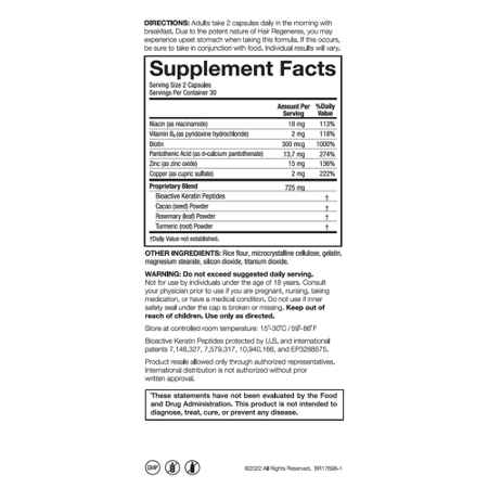 Supplement Facts label for SanMedica SeroVital Hair Regeneres capsules