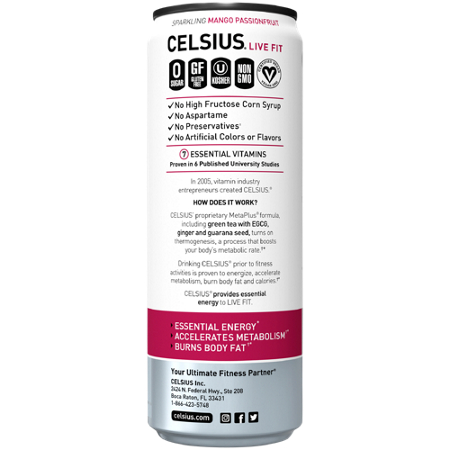 Celsius Sparkling Energy Drink Mango Passionfruit can back