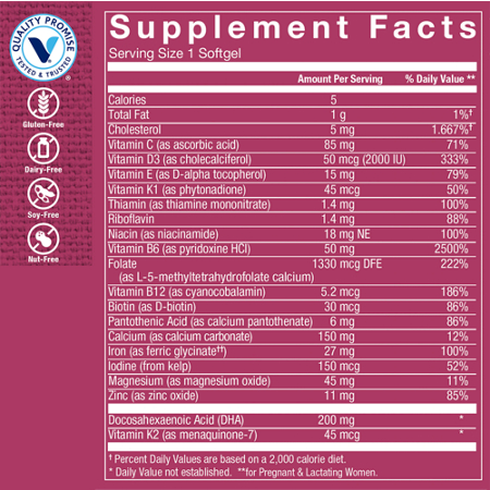 Supplement Facts label for One Daily Prenatal Multivitamin with DHA