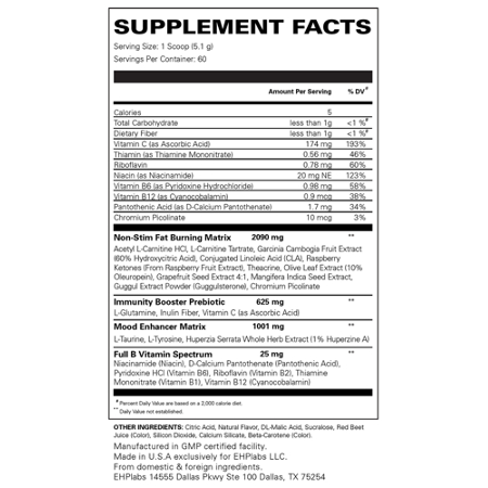 Supplement Facts for EHP Labs OxyShred Non-Stim Strawberry