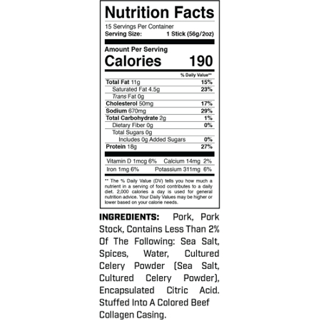 Nutrition Facts label for 1st Phorm High Protein Sticks Breakfast Sausage