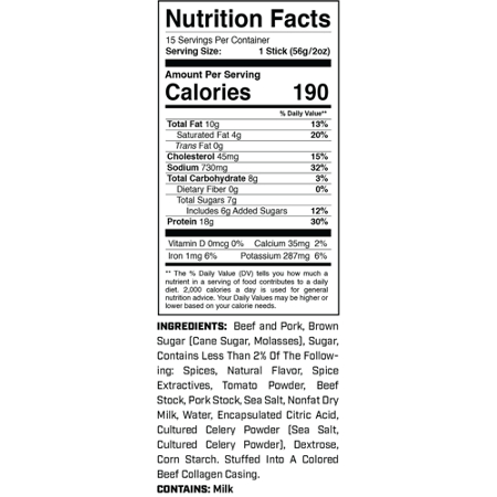 Supplement Facts label for 1st Phorm High Protein Sticks Seasoned Barbecue