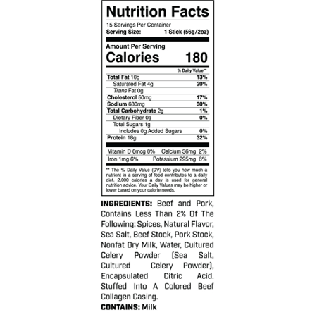 Supplement Facts label for 1st Phorm High Protein Sticks Original Smokehouse