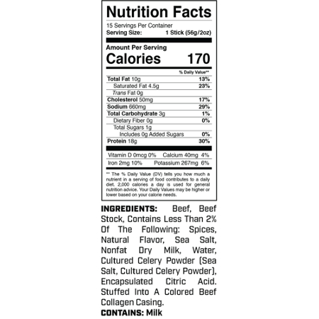 Supplement Facts label for 1st Phorm High Protein Sticks Jalapeno Heat