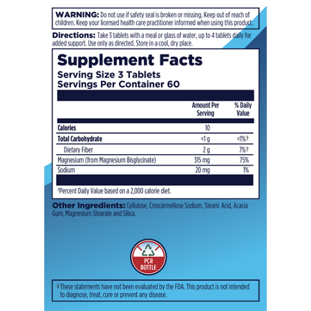 Supplement Facts label for KAL Chelated Magnesium Bisglycinate Tablets