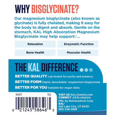 KAL Chelated Magnesium Bisglycinate Relaxation Bone Muscle Support label