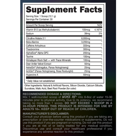 Supplement Facts label for Bucked Up Woke AF Pre-Workout Dragon Fruit