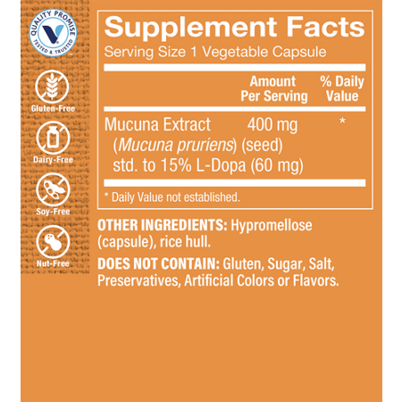 Supplement Facts label for L-Dopa Mucuna Vegetarian Capsules 400 MG