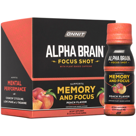 Alpha Brain Focus Shot Peach box and bottle front