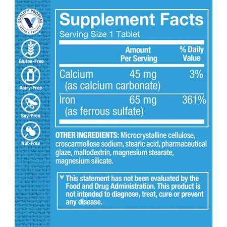 Supplement Facts label for High Potency Iron 65 MG