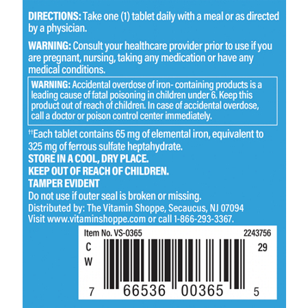 Directions for The Vitamin Shoppe High Potency Iron 65 MG