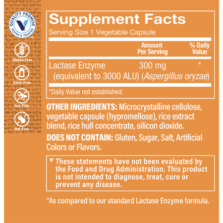 Supplement Facts label for Extra Strength Lactase Enzyme Digestive Aid 3000 ALU
