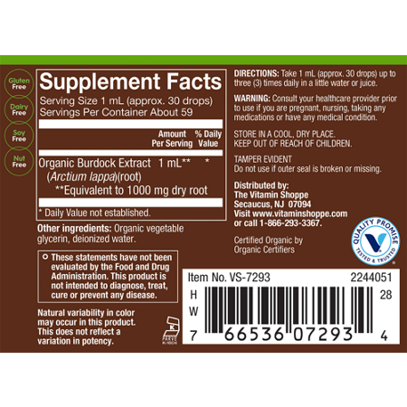 Supplement Facts label for plnt Organic Liquid Burdock