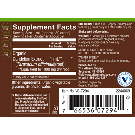 Supplement Facts label for plnt Organic Dandelion Digestive & Liver Support