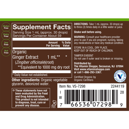 Supplement Facts label for plnt Organic Liquid Ginger Alcohol-Free