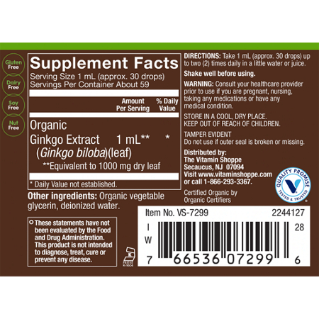 Supplement Facts, plnt Organic Liquid Ginkgo, Alcohol-Free