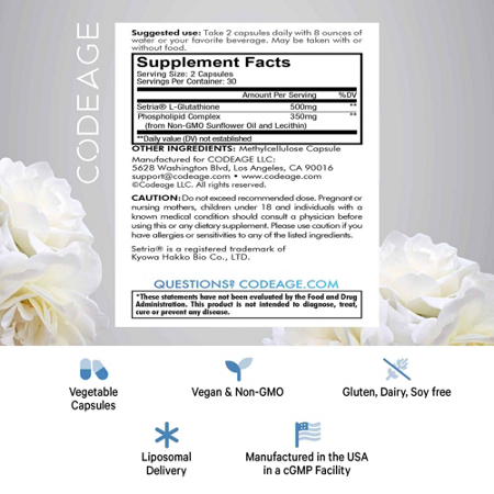 Supplement Facts label for Codeage Liposomal Glutathione 500 MG