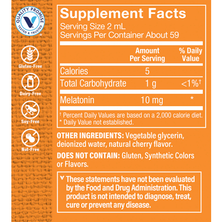 Supplement Facts label for Liquid Melatonin for Sleep Support 10 MG Cherry
