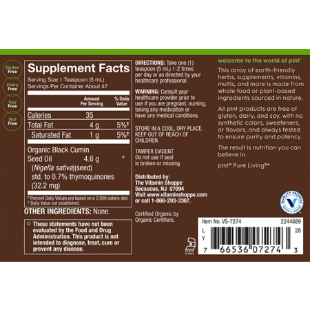 Supplement Facts label for plnt Organic Black Seed Oil Cold-Pressed 8 fl oz