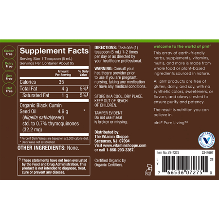 Supplement Facts label for plnt Organic Black Seed Oil Cold Pressed