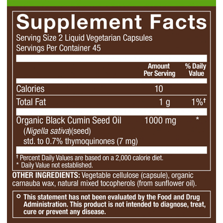 Supplement Facts label for plnt Black Seed Oil Capsules 1000 MG