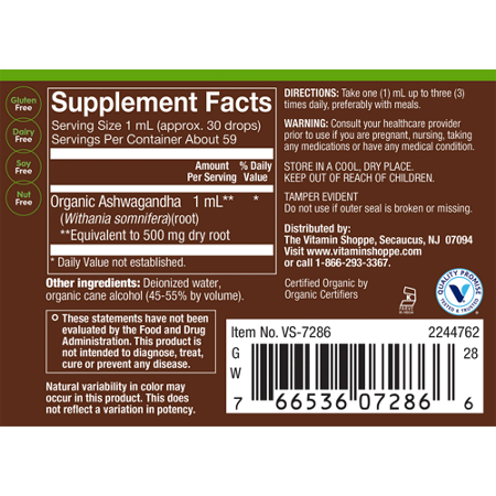 Supplement Facts label for plnt Organic Liquid Ashwagandha Full Spectrum
