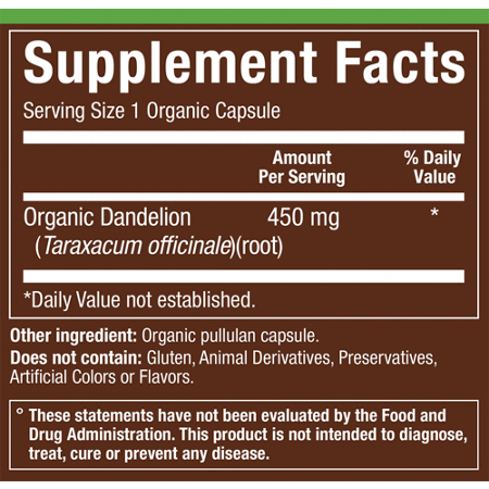 Supplements label for 450mg Organic Dandelion Capsules