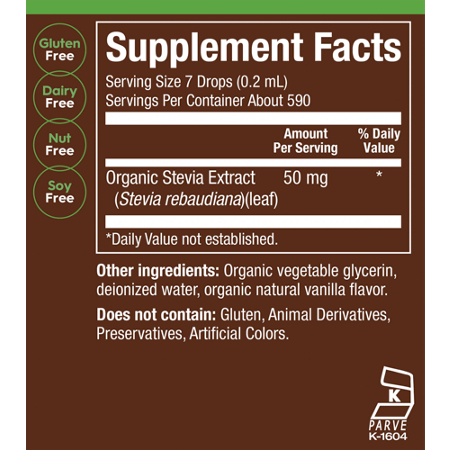 Supplement Facts label for plnt Organic Vanilla Stevia