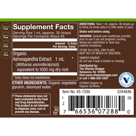 Supplement Facts label for plnt Organic Liquid Ashwagandha Full Spectrum