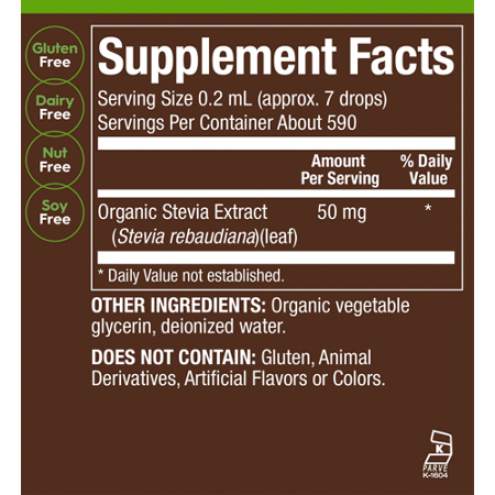 Supplement Facts label for plnt Organic Stevia Zero Calorie Zero Sugar
