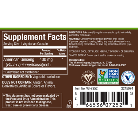 Supplement Facts label for plnt American Ginseng Vegetarian Capsules 400 MG