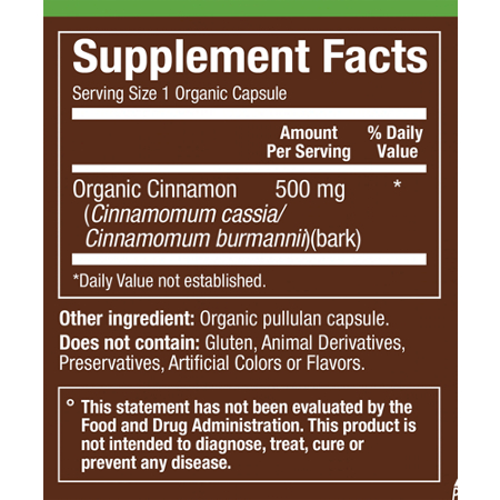 Supplement Facts for plnt Organic Cinnamon Blood Sugar Support
