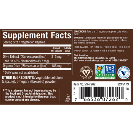 Supplement Facts label for plnt Olive Leaf Vegetarian Capsules