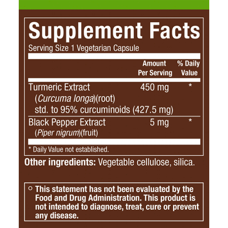 plnt Turmeric Supplement Facts Label, 450mg Capsules