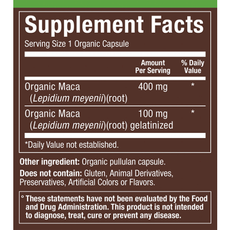 Supplement Facts label for plnt Organic Maca Capsules