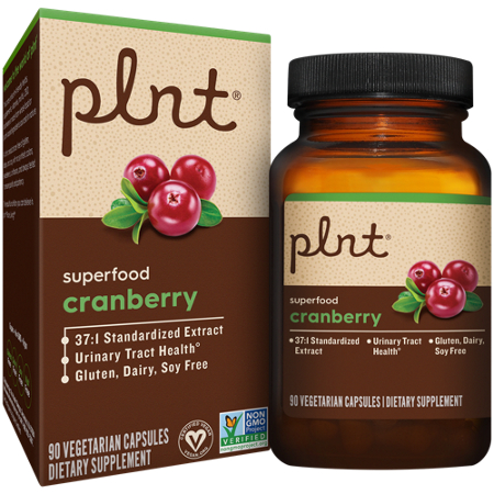 plnt Cranberry Superfood Vegetarian Capsules bottle and box front
