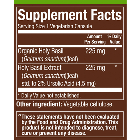 Supplement Facts label for plnt Holy Basil Vegetarian Capsules