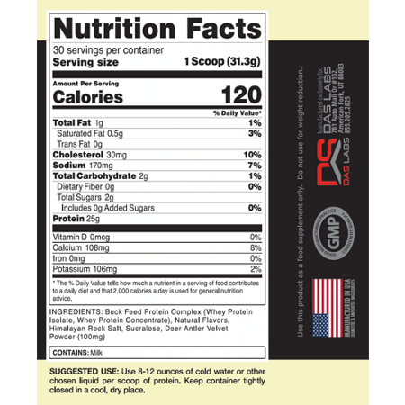 Supplement Facts label for Bucked Up Buck Feed Protein Powder Vanilla 25g