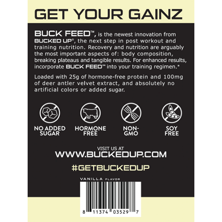 Get Your Gainz Buck Feed Protein Powder Vanilla label