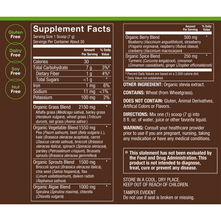 Supplement Facts label for plnt Organic BioGreens Superfood Powder