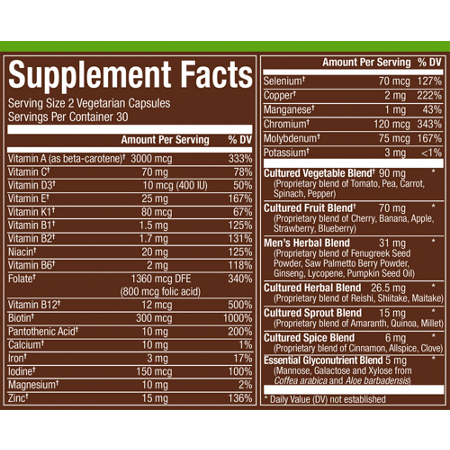 Label for plnt Fermented Men's Multivitamin Capsules