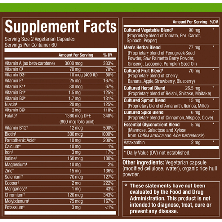 Supplement Facts label for plnt Fermented Whole Food Men's 50+ Multivitamin