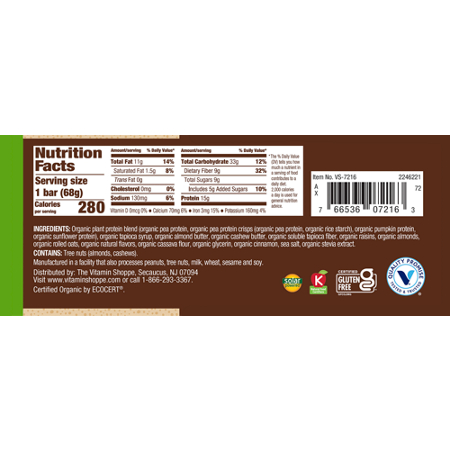 Supplement Facts label for plnt Organic Protein Bar Cinnamon Raisin