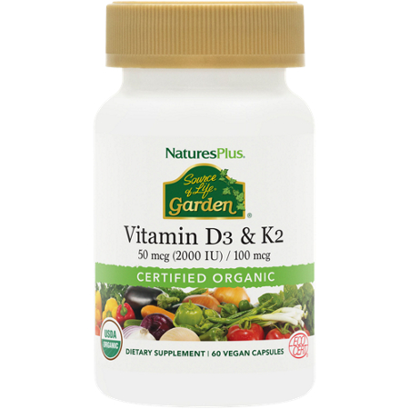 Natures Plus Source of Life Garden Vitamin D3 & K2 capsules bottle front
