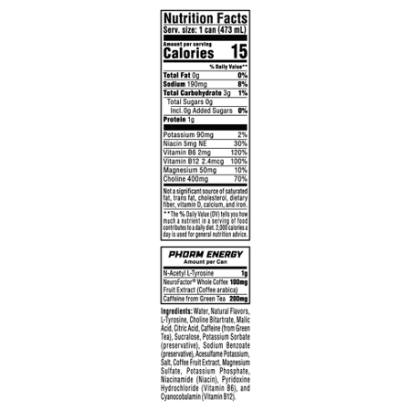 Supplement Facts label for 1st Phorm Energy Drink Orange Sunrise