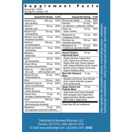 Supplement Facts label for Rainbow Light Men's One 50 Plus Daily Multivitamin
